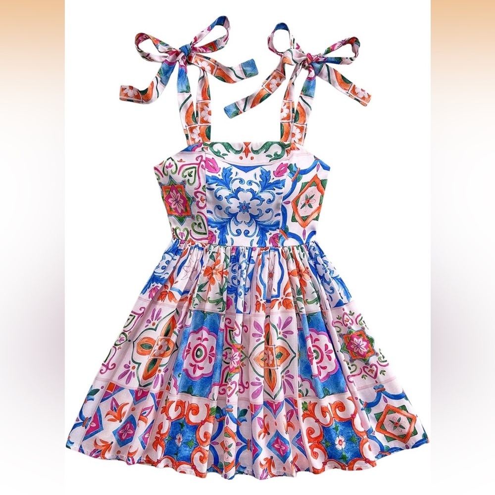 Floral Tile Print Tie-Shoulder Sundress - Multicolor